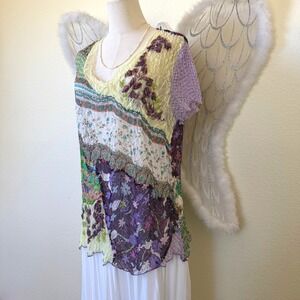 Boho Whimsygoth Patchwork Floral Paisley Tunic Top Purple Green Sheer Lace